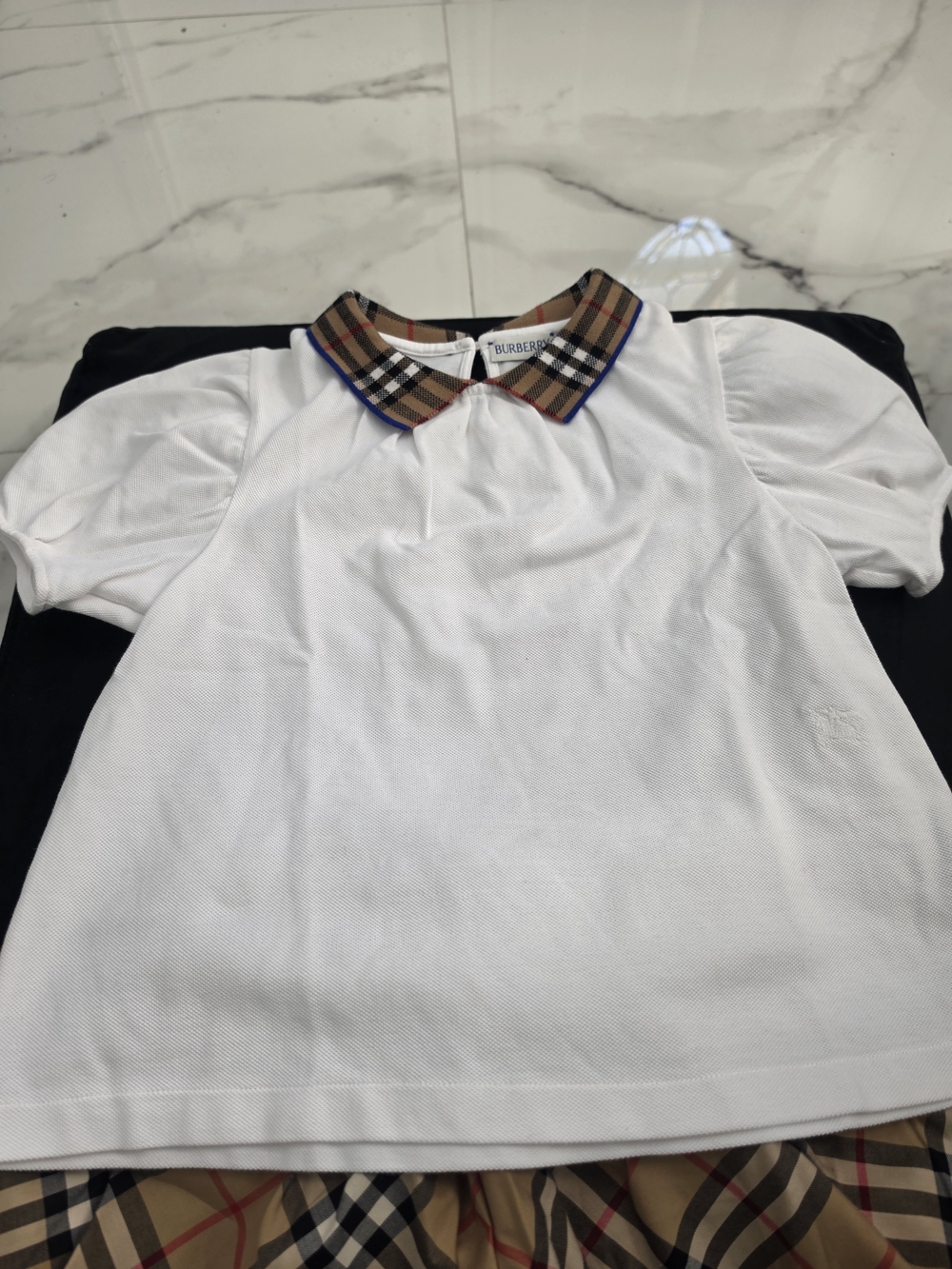 Burberry Kids White Polo Top with Signature Check Collar